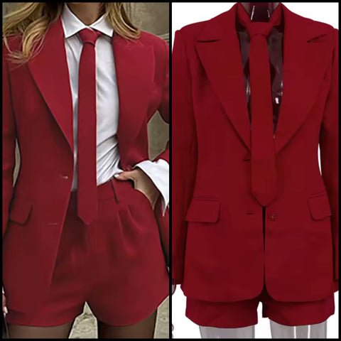 Women Red Fashion Tie Blazer Two Piece Short Set