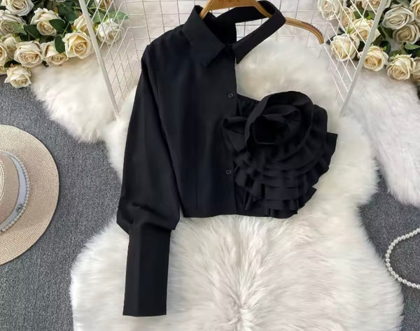 Women Button Up Fashion Floral One Shoulder Full Sleeve Top