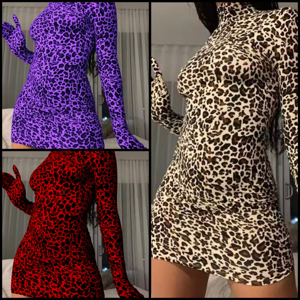 Women Sexy Color Leopard Glove Full Sleeve Dress