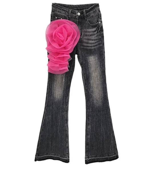 Women Fashion Color Floral Denim Boot Cut Pants