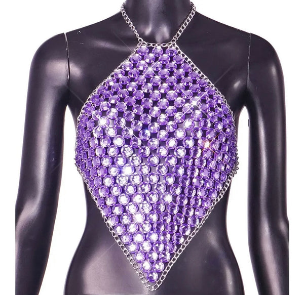 Women Sexy Fashion Purple Crystal Chain Halter Crop Top