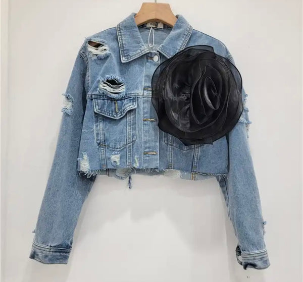 Women Fashion Ripped Floral Denim Jacket