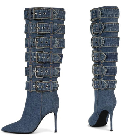 Women Fashion High Heel Buckled Denim Knee High Boots