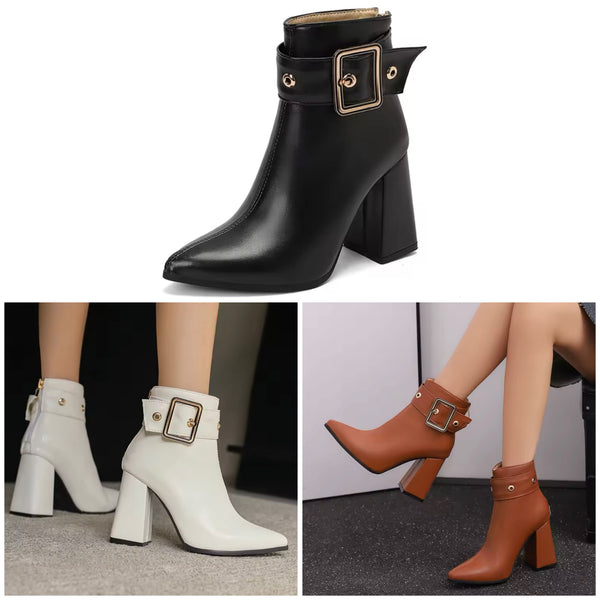 Women Fashion Pointed Toe Faux Leather Buckled Ankle Boots