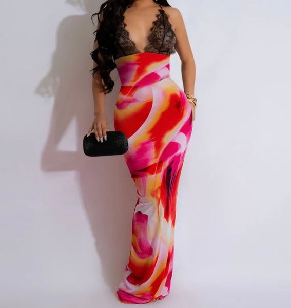 Women Sexy Sleeveless Lace Patchwork Printed Maxi Dress
