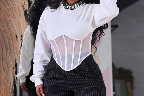 Women Mesh Patchwork Fashion Full Sleeve Top
