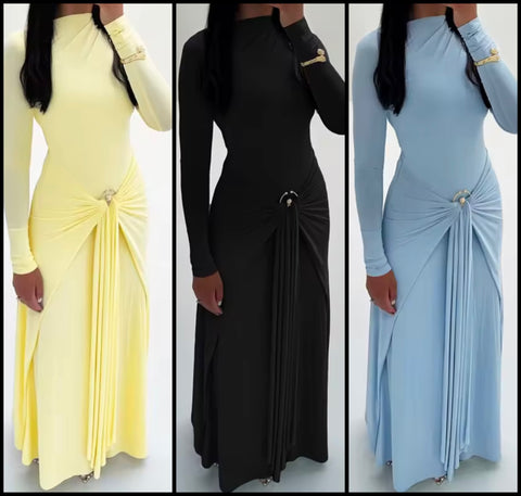 Women Sexy Solid Color Tassel Full Sleeve Maxi Dress