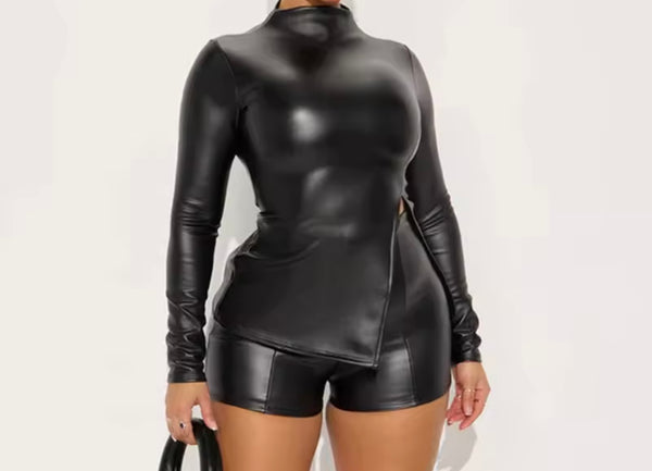 Women Fashion Faux Leather Full Sleeve Two Piece Short Set