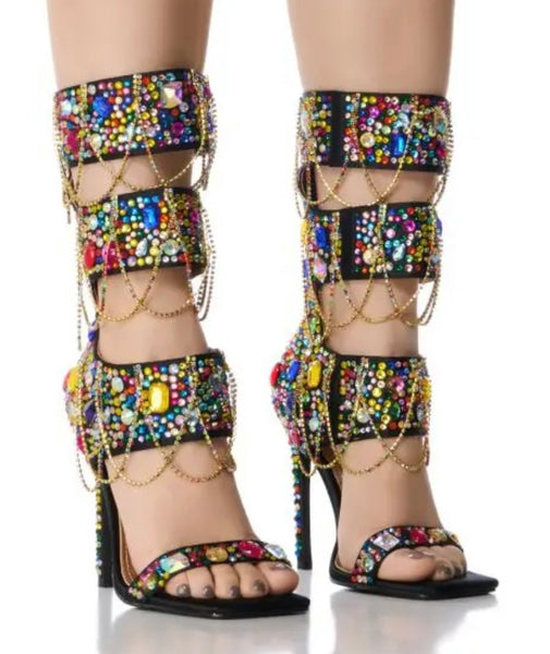 Women Fashion Chain Crystal High Heel Mid-Calf Sandals