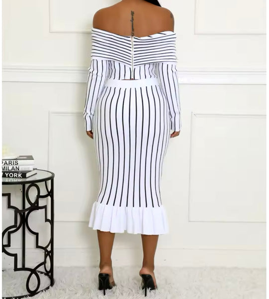 Women Sexy Striped Off The Shoulder Full Sleeve Two Piece Skirt Set