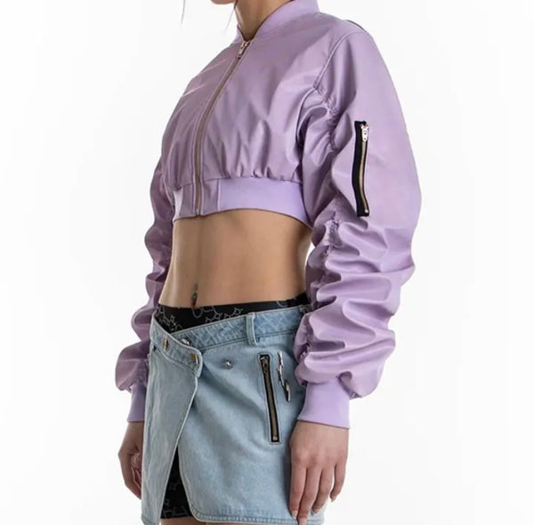 Women Purple Faux Leather Zipper Crop Jacket