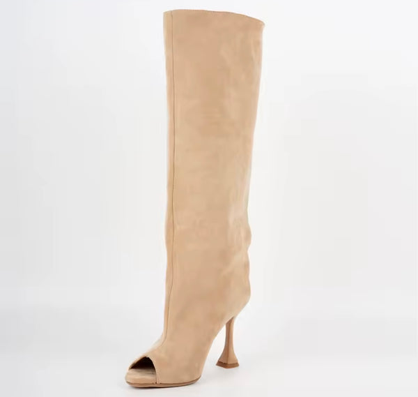 Women Suede Open Toe Fashion High Heel Knee Length Boots