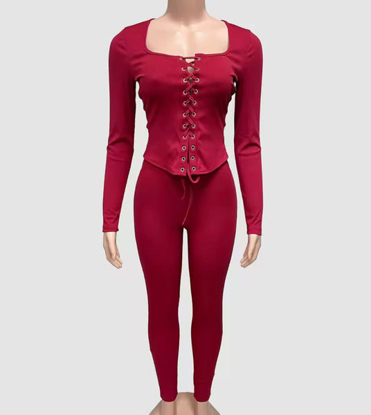 Women Fashion Lace Up Corset Full Sleeve Two Piece Pant Set
