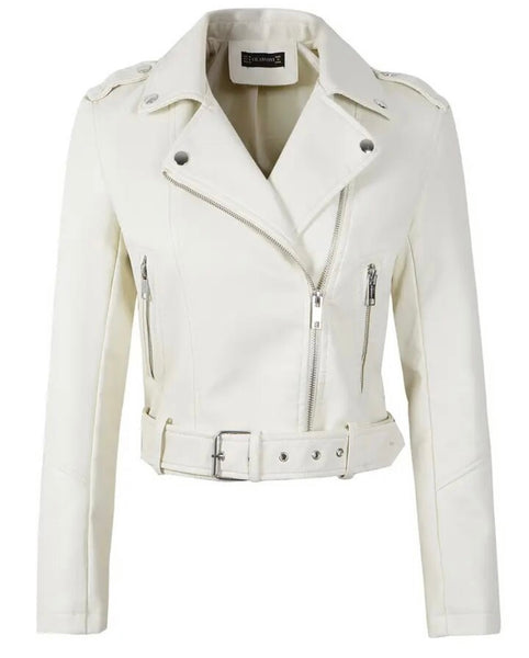 Women Color Zip Up Buckled Faux Leather Fashion Jacket