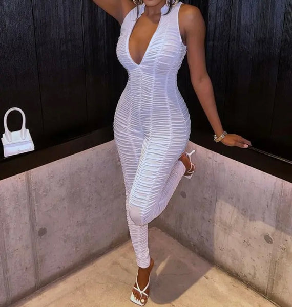 Women Sexy Sleeveless Ruched Solid Color Jumpsuit