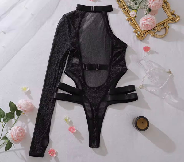 Women Black Sexy See Through One Shoulder Bodysuit Lingerie