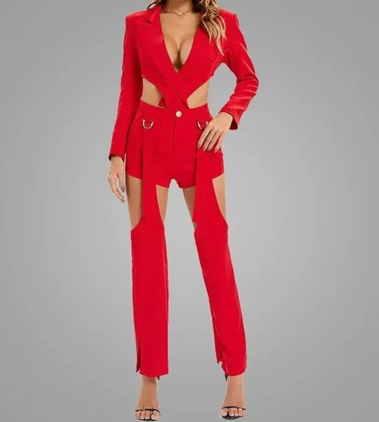 Women Fashion Open Back Blazer Two Piece Pant Set