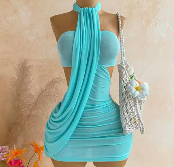 Women Sexy Halter Sleeveless Ruched Short Dress