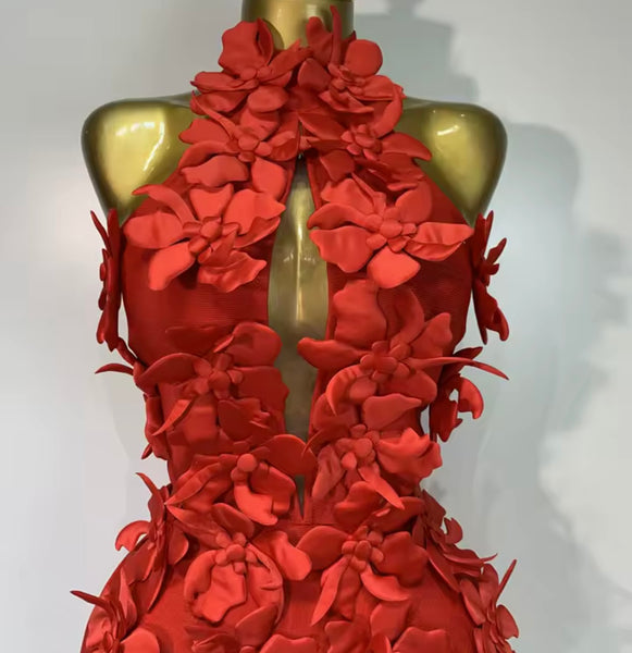 Women Red Halter Sleeveless 3D Floral Cut Out Sexy Maxi Dress