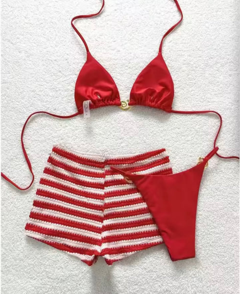 Women Sexy Red Bikini Striped Cover Up Set