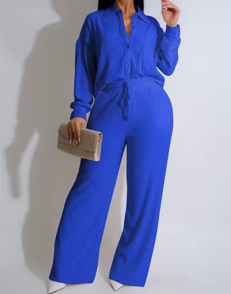 Women Button Up Ribbed Full Sleeve Two Piece Pant Set
