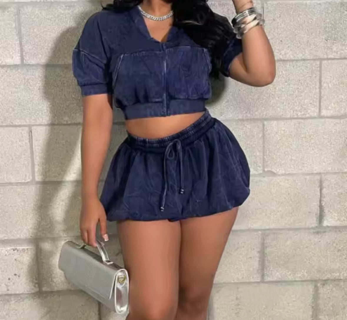 Women Sexy Color Short Sleeve Zip Up Two Piece Skirt Set
