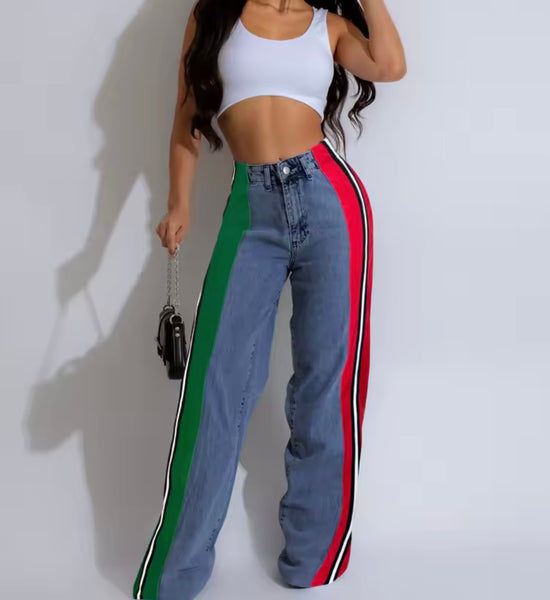 Women Fashion Color Patchwork Striped Denim Pants