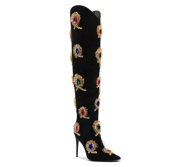 Women Fashion Suede Colorful Gem Knee High Boots