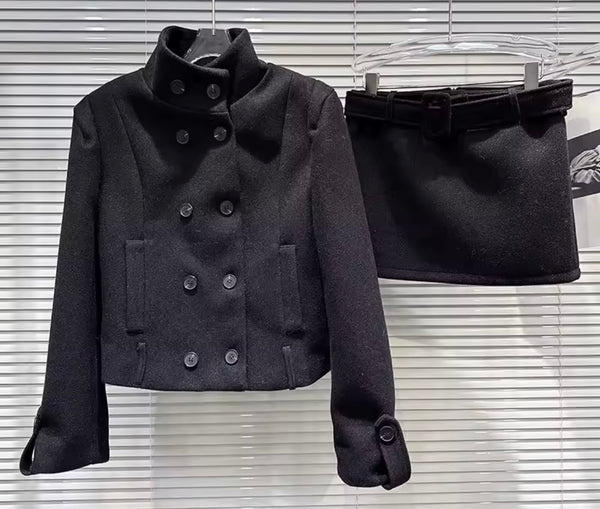Women Button Up Fashion Jacket Two Piece Skirt Set