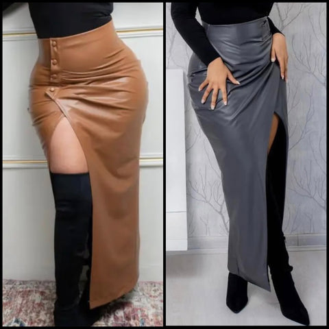 Women Sexy Solid Color Side Slit Faux Leather Maxi Skirt