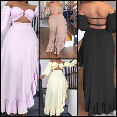 Women Sexy Off The Shoulder Cut Out Full Sleeve Open Back Maxi Dress