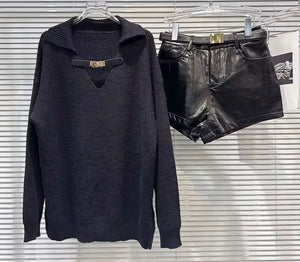 Women Fashion Buckled Sweater Two Piece Faux Leather Short Set