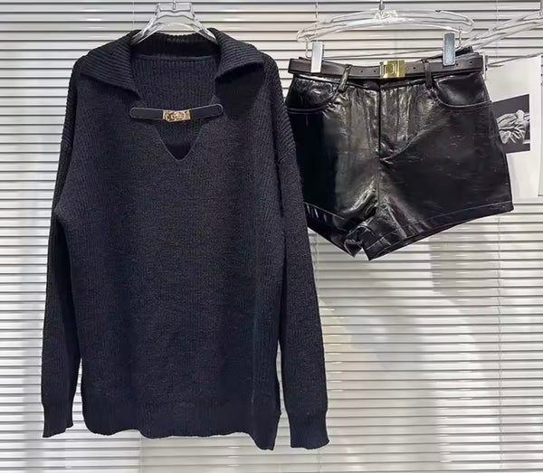 Women Fashion Buckled Sweater Two Piece Faux Leather Short Set
