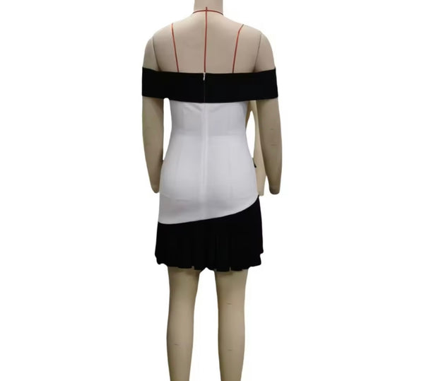 Women Sexy Off The Shoulder B&W Pleated Pocket Dress