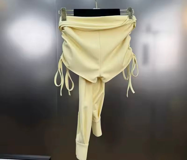 Women Sexy Sleeveless Yellow Tie Up Two Piece Short Set