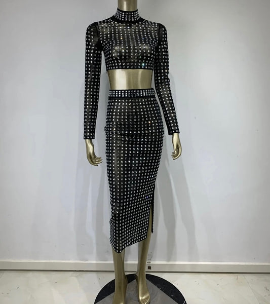 Women Sexy Black Bling Mesh Full Sleeve Crop Two Piece Maxi Skirt Set