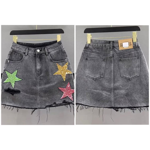 Women Sequins Star Fashion Denim Skirt