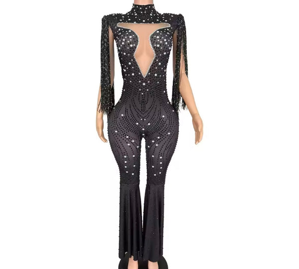 Women Black Beaded Rhinestone Tassel Jumpsuit