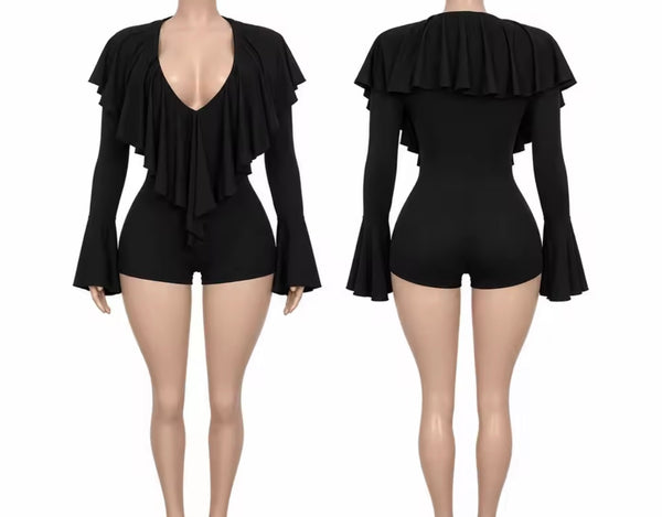 Women Black Sexy Fashion Ruffled Full Sleeve Romper