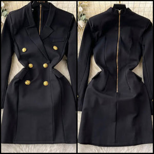 Women Black Gold Button Full Sleeve Blazer Dress