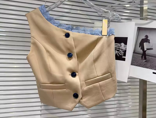 Women Button Up One Shoulder Blazer Vest Two Piece Pant Set