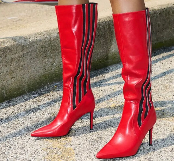 Women Fashion Red Striped Knee High Boots