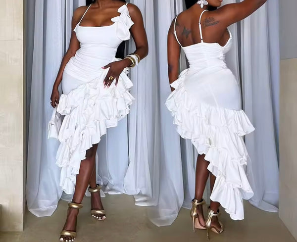 Women Sexy Sleeveless Solid Color Ruffled Asymmetrical Dress