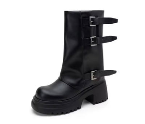 Women Black Buckled Platform Fashion Ankle Boots