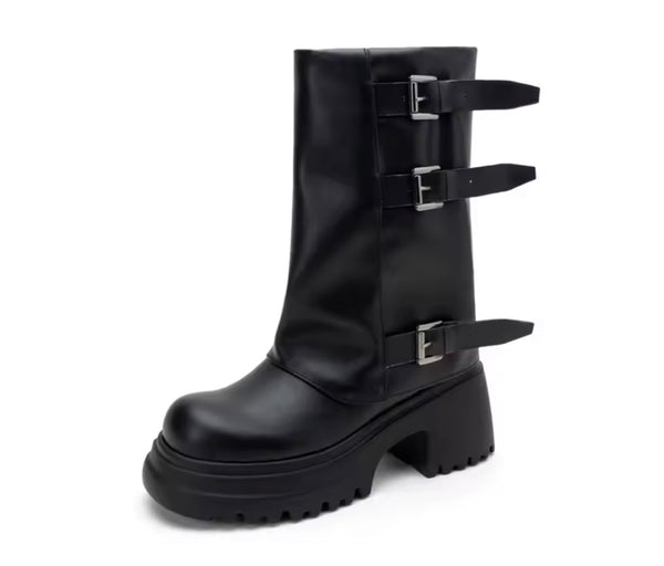Women Black Buckled Platform Fashion Ankle Boots