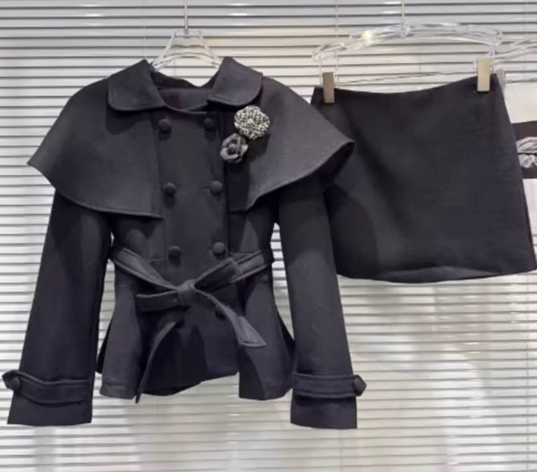 Women Fashion Bling Pin Button Up Jacket Two Piece Skirt Set