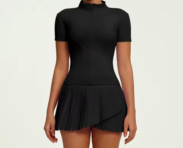 Women Zip Up Short Sleeve Sexy Two Piece Pleated Skirt Set