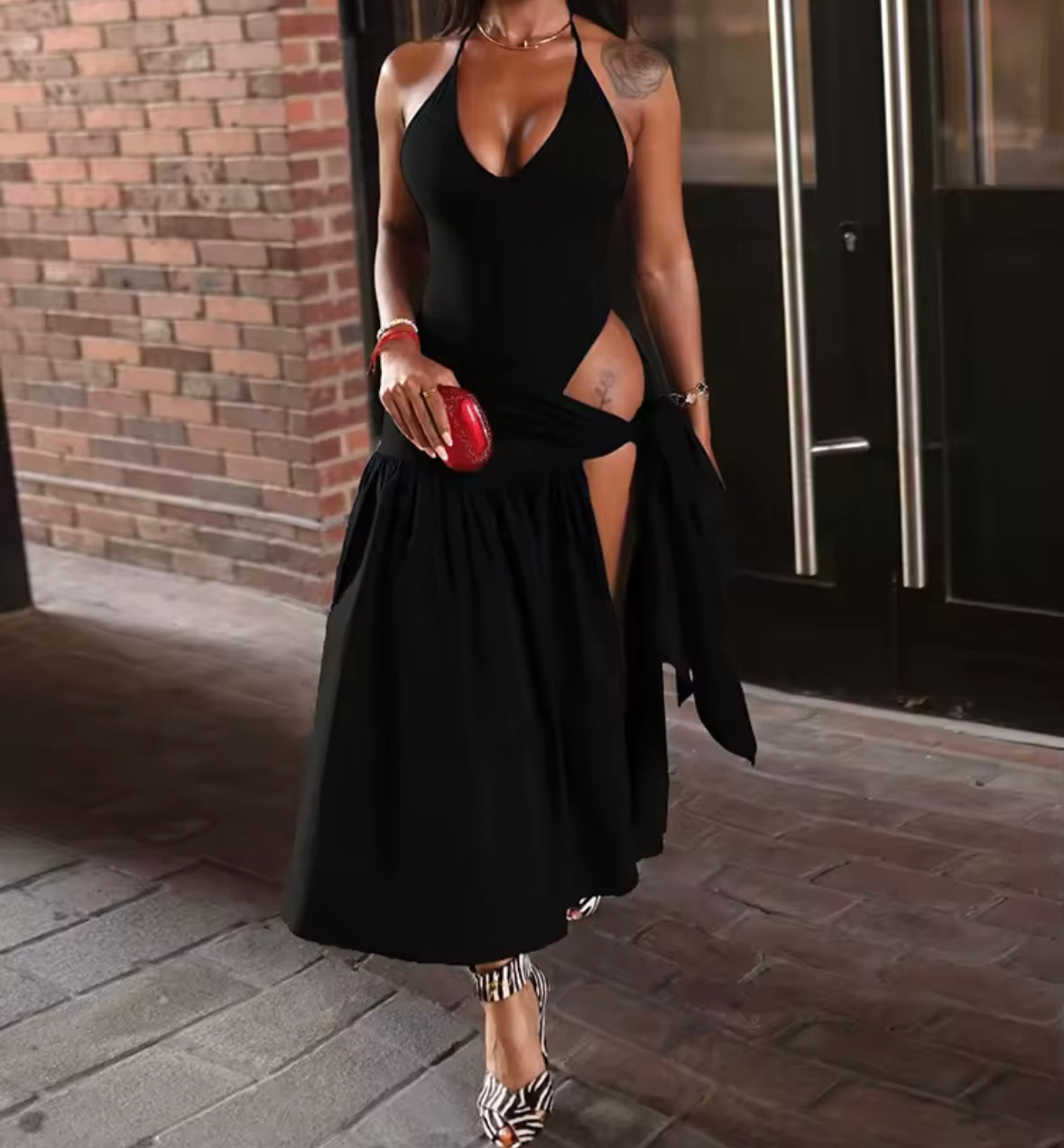 Women Sexy Sleeveless Solid Color Bodysuit Two Piece Skirt Set