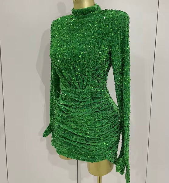 Women Green Sequins Sexy Glove Full Sleeve Ruched Dress