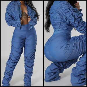 Women Fashion Ruched Zip Up Full Sleeve Two Piece Blue Pant Set